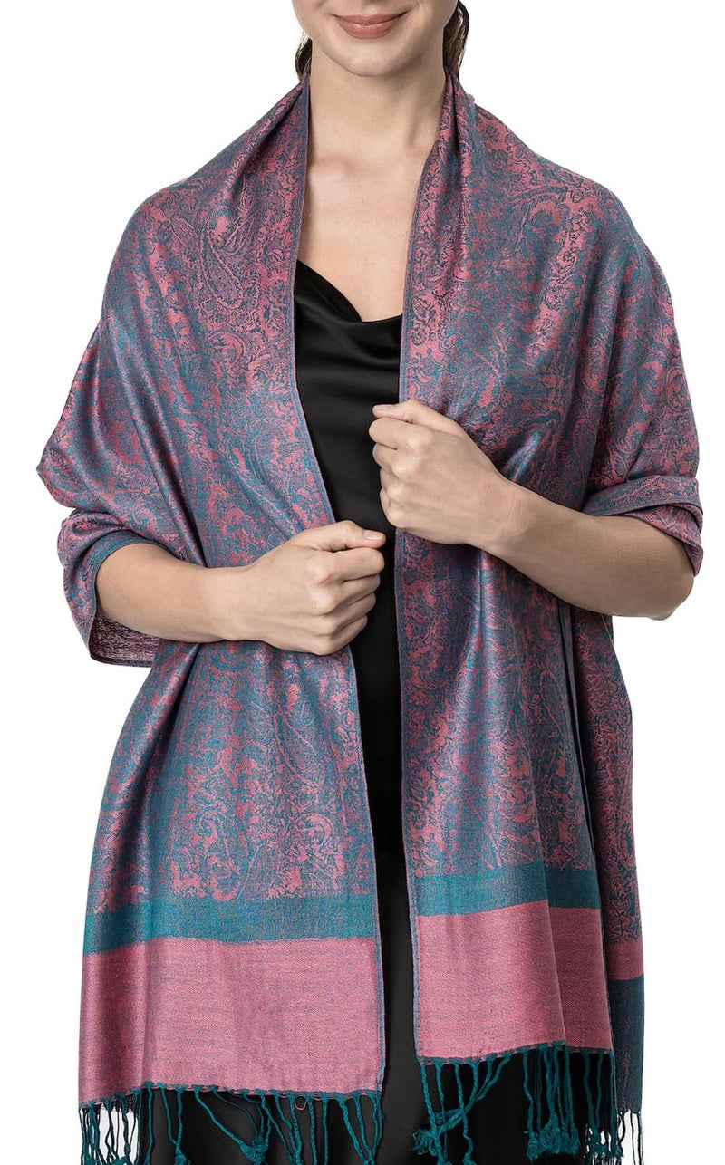 Achillea Women's Two Tone Vintage Jacquard Paisley Pashmina Shawl Wrap Scarf (Pink Teal) - Image 1